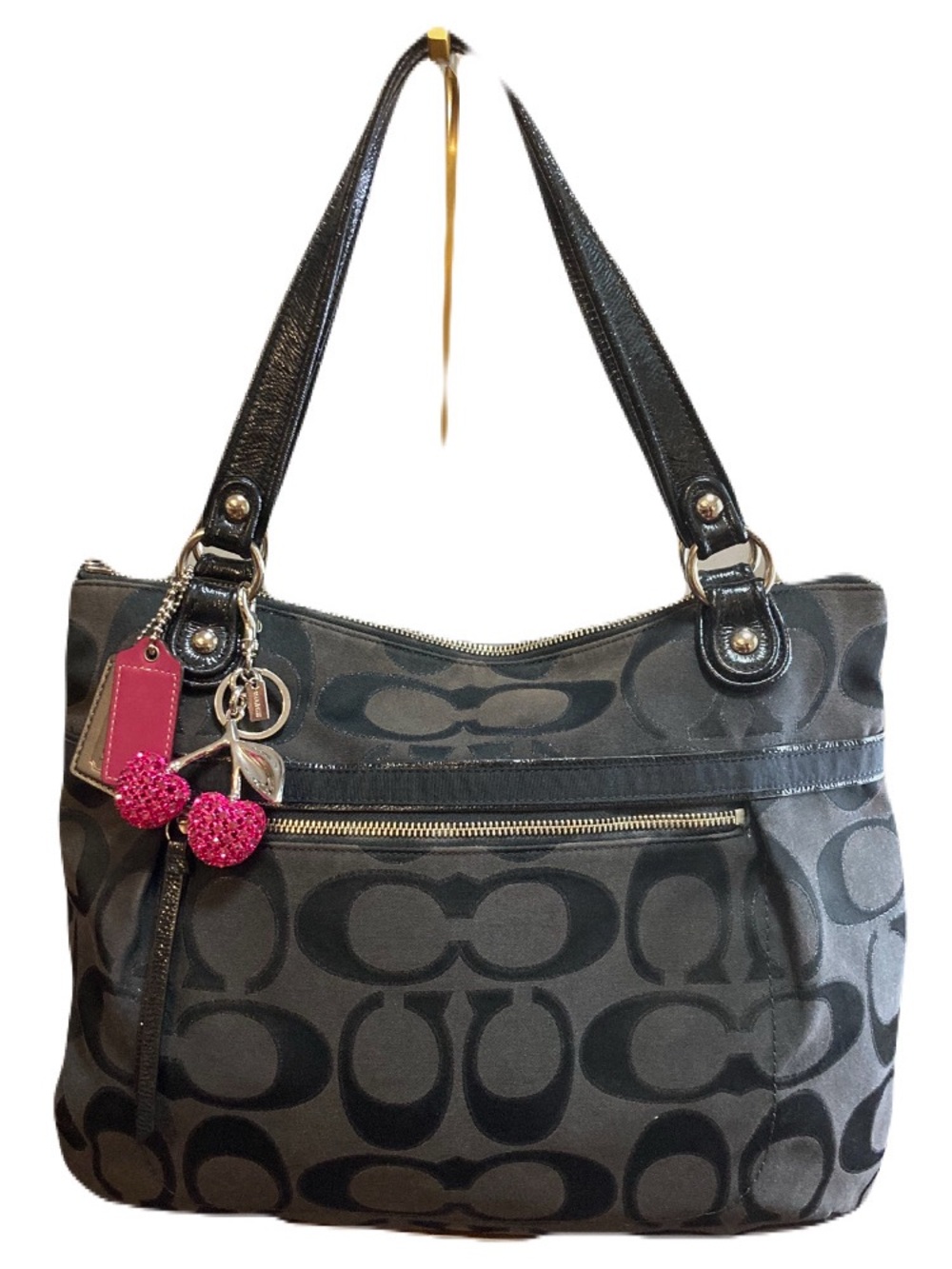 Coach Bag & Charm Poppy Lurex Glam Black Signature Jacquard Tote Leather Trim